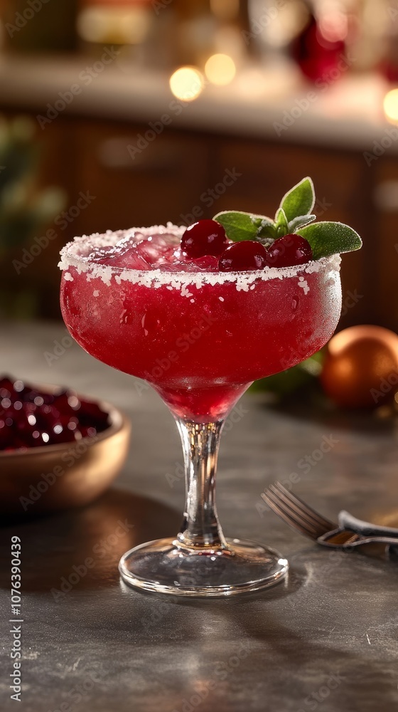 Chilled cranberry cocktail in a salt-rimmed glass garnished with mint leaves, perfect for holiday celebrations and festive gatherings. Chilled cranberry cocktail in a salt-rimmed glass garnished with mint leaves, perfect for holiday celebrations and festive gatherings.