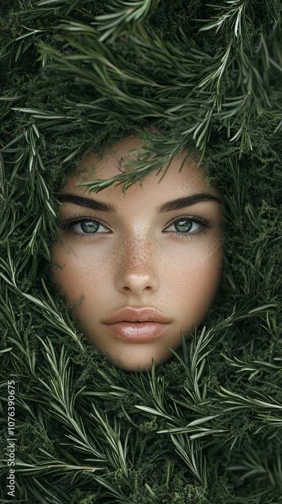 Expressive face surrounded by lush green foliage, creating a striking nature-themed portrait emphasizing natural beauty and connection. Expressive face surrounded by lush green foliage, creating a striking nature-themed portrait emphasizing natural beauty and connection.