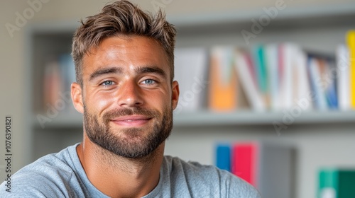 Man with a beard and a smile is standing in front of a bookshelf. The bookshelf is full of books, and the man is looking at the camera