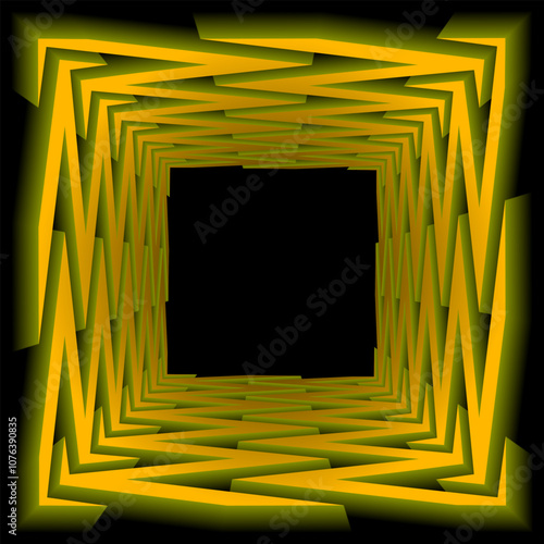 Golden 3D square frame with futuristic volumetric borders. Design in the style of optical art.