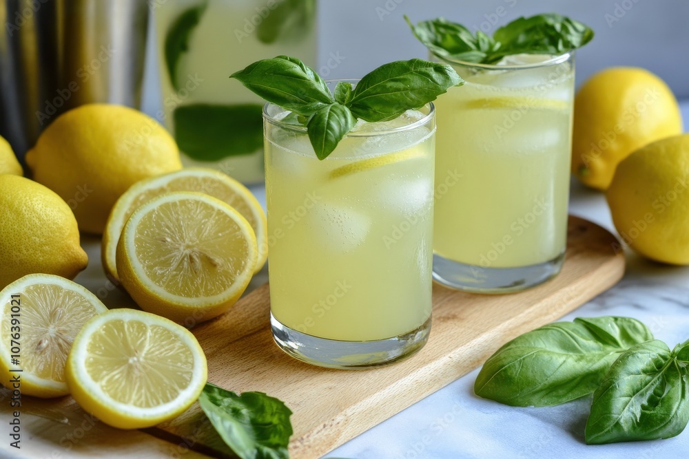 Refreshing lemon basil drinks served on a wooden board, surrounded by fresh lemons and basil leaves. Refreshing lemon basil drinks served on a wooden board, surrounded by fresh lemons and basil leaves.