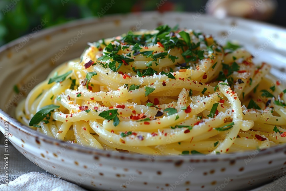 Close-up of a bowl of spaghetti with parsley, red pepper flakes, and grated cheese. Close-up of a bowl of spaghetti with parsley, red pepper flakes, and grated cheese.