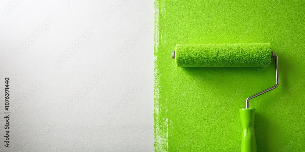 Obraz premium Bright Green Paint Roller Applying Fresh Color to a White Wall with Ample Copy Space for Text, Perfect for Home Renovation or DIY Projects
