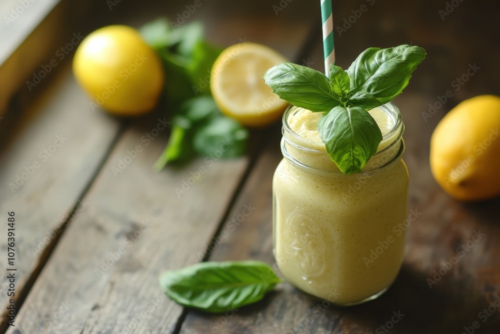 A refreshing lemon smoothie garnished with mint, served in a mason jar on a rustic wooden surface, surrounded by fresh lemons and mint leaves. A refreshing lemon smoothie garnished with mint, served in a mason jar on a rustic wooden surface, surrounded by fresh lemons and mint leaves.