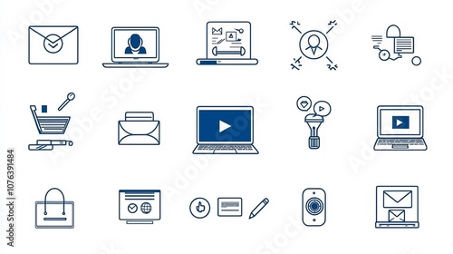 Outline icon set of 15 symbols for distance education including laptop video call and course completion in a modern flat style with editable stroke