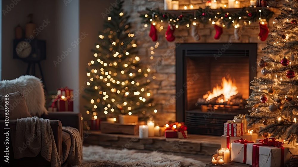 christmas scene by the fireplace with bokeh christmas scene by the fireplace with bokeh