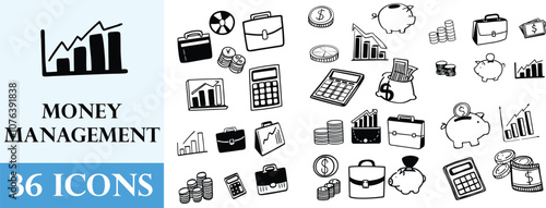 Money Management Icon Set Outline Collection of Business and Finance Icons, Including Money, Budgeting, Investment, Savings, Financial Planning, Banking, Cash Flow, and Currency Symbols. Editable