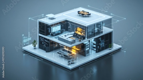 A 3D isometric rendering of a modern, smart home with blue glowing lines outlining the various rooms and features.