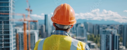 Construction worker overseeing city skyline, wearing safety gear and hard hat.