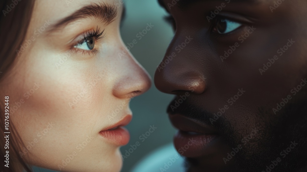 Obraz premium Close-up of two individuals sharing a meaningful gaze, their expressions reflecting empathy and connection, with soft focus on their facial features, conveying comfort and understanding in a serene mo