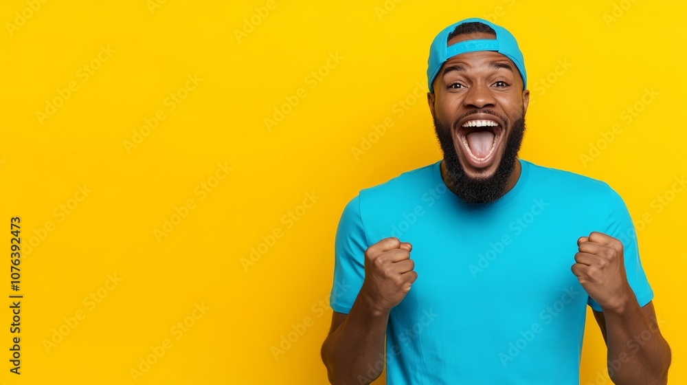 Man with a blue shirt and a blue hat is smiling and raising his hands in the air Man with a blue shirt and a blue hat is smiling and raising his hands in the air
