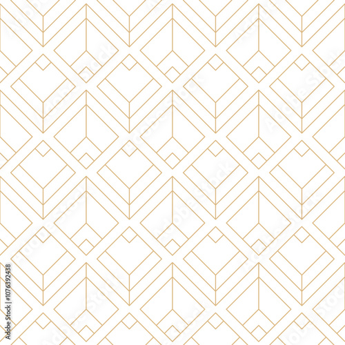 Gold line on white geometric seamless pattern. Abstract linear diamond structure background. Fine line lattice texture.
