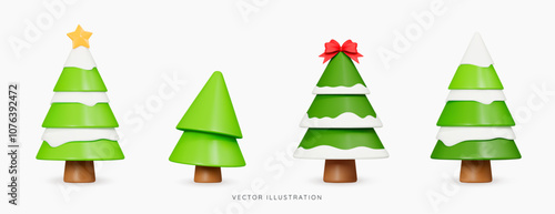 3D Set of Christmas trees with snow and decorative elements. Gold star and red bow. Collection of holiday objects. New year and xmas pine tree. Cartoon creative design icons. 3D Vector Illustration
