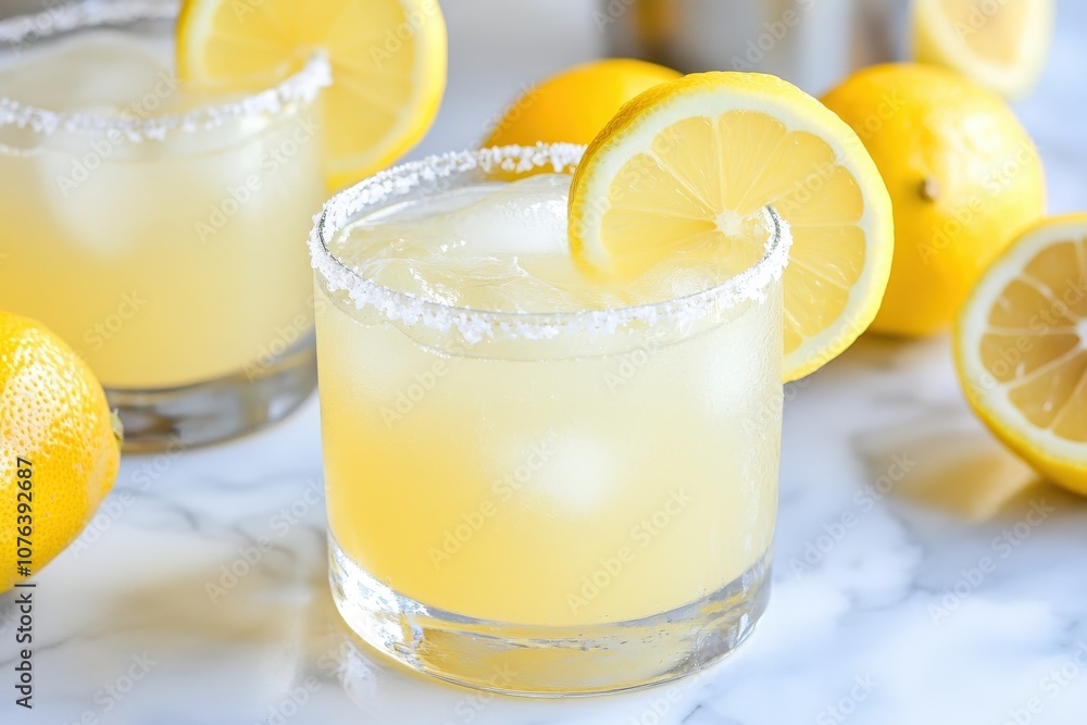 A refreshing lemon cocktail served in a glass, garnished with a lemon slice, alongside whole lemons on a smooth surface. A refreshing lemon cocktail served in a glass, garnished with a lemon slice, alongside whole lemons on a smooth surface.