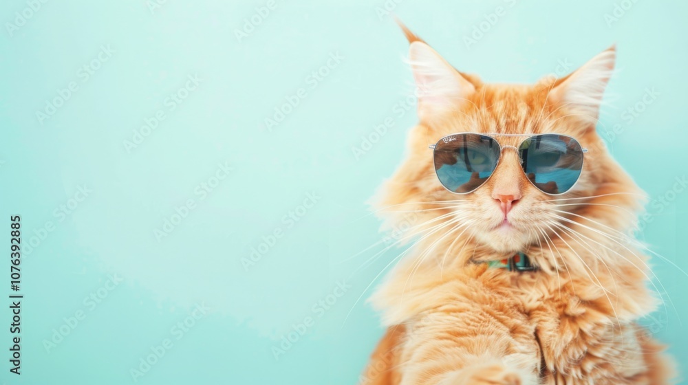 Fototapeta premium This delightful ginger cat showcases its playful spirit by wearing stylish sunglasses against a soft, light cyan background. Its fun personality shines through, inviting smiles.