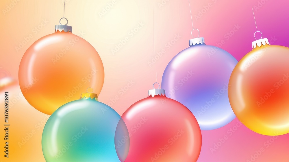 Fototapeta premium Colorful hanging Christmas ornaments against a soft gradient background, perfect for festive designs and holiday themes