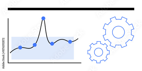 Graph with fluctuating curve and data points set beside interlocking gear wheels. Ideal for data analysis, trends, optimization, engineering, technology, growth, innovation. Line metaphor