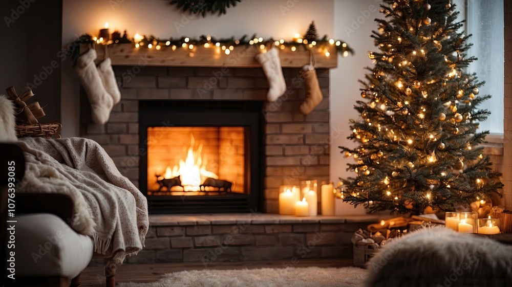christmas scene by the fireplace with bokeh christmas scene by the fireplace with bokeh