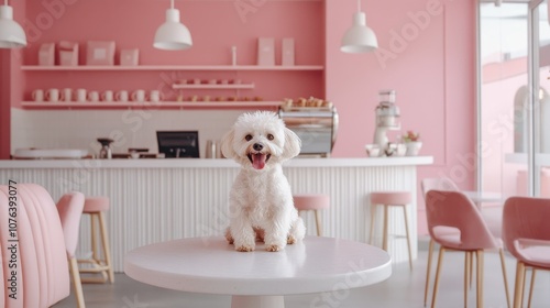 Adorable fluffy dog sitting on a pink table in a stylish, modern caf? with pink interiors and d?cor. photo