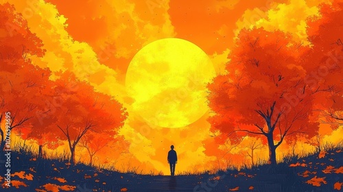 A serene silhouette stands against a brilliant sunset, surrounded by vibrant foliage and an orange sky.