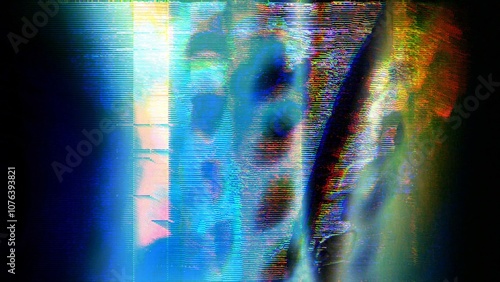 Abstract Digital Glitch Art with Vivid Colors and Distorted Patterns in Blue and Red