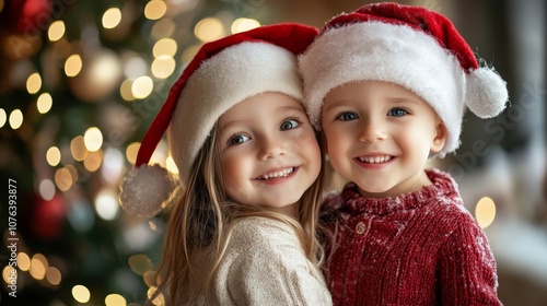 Two joyful children in Santa hats enjoy the festive holiday season, standing in front of a glowing Christmas tree.