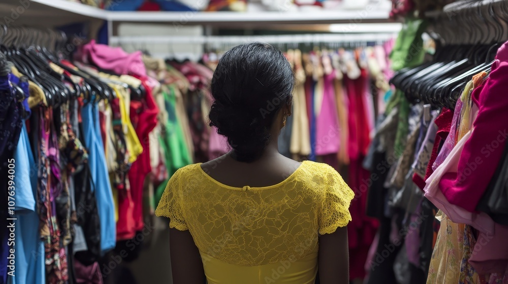 A woman in a yellow dress stands before a closet full of colorful garments, contemplating her wardrobe choices. A woman in a yellow dress stands before a closet full of colorful garments, contemplating her wardrobe choices.
