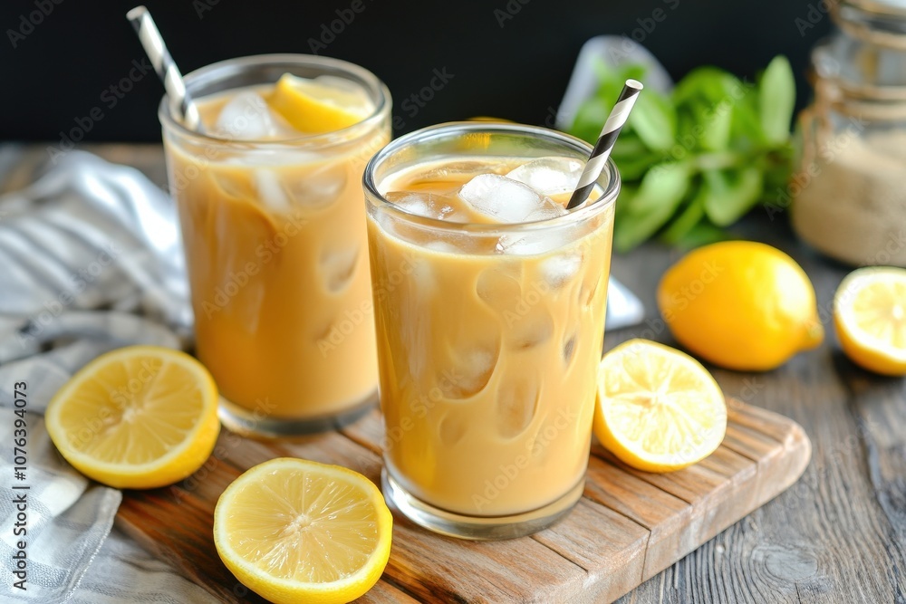 Refreshing iced tea served with lemon slices, perfect for hot days. Enjoyed in glasses with ice, surrounded by fresh lemon halves. Refreshing iced tea served with lemon slices, perfect for hot days. Enjoyed in glasses with ice, surrounded by fresh lemon halves.