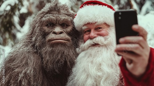 Santa Claus and Bigfoot capture a festive selfie in a snowy forest, celebrating the holiday spirit with a fun twist. photo