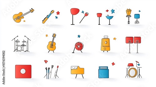 Set of 15 outline style icons depicting elements of a show or performance including stage musical instruments and cheering fans  These editable are perfect for use in event entertainment photo