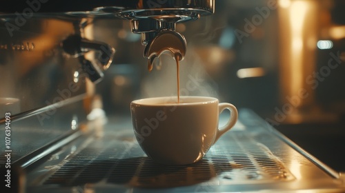 Close-up of fresh espresso pouring into a white cup from a modern coffee machine, showcasing rich crema and steam.