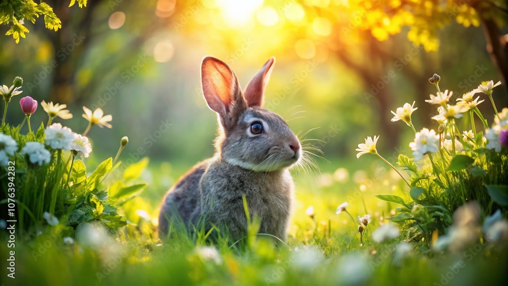 Candid Shot of a Grey Easter Bunny Rabbit Nestled in Lush Green Grass, Capturing the Essence of Springtime Serenity and Nature's Beauty in a Peaceful Outdoor Setting Candid Shot of a Grey Easter Bunny Rabbit Nestled in Lush Green Grass, Capturing the Essence of Springtime Serenity and Nature's Beauty in a Peaceful Outdoor Setting