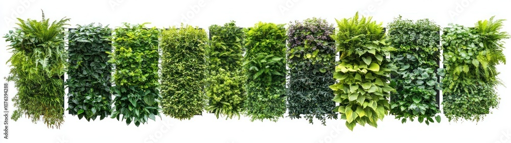 Fototapeta premium Green vertical garden with various plants in square frames