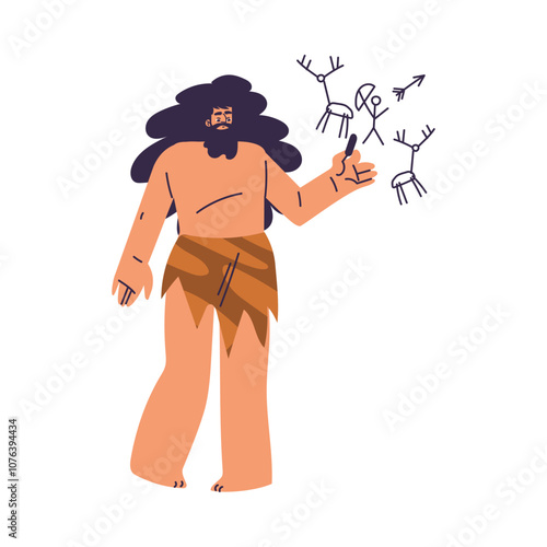 Primitive Man Character and Caveman in Loincloth Draw and Engraving Vector Illustration