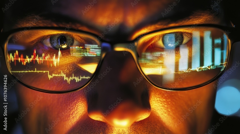 Close-up of person wearing glasses with stock market data reflections, highlighting financial analysis and digital investment trends. Close-up of person wearing glasses with stock market data reflections, highlighting financial analysis and digital investment trends.