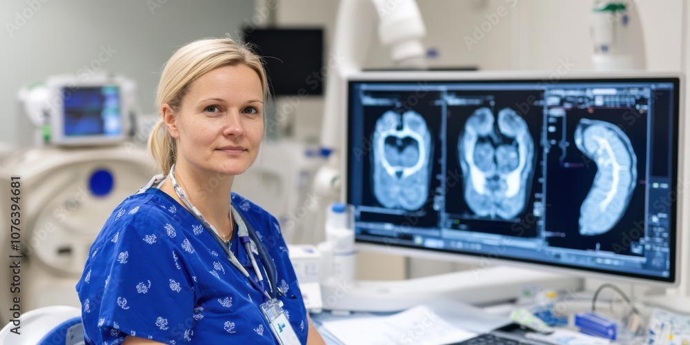 A dedicated female doctor in scrubs reviewing medical images at a workstation, reflecting expertise and focus in a clinical setting. A dedicated female doctor in scrubs reviewing medical images at a workstation, reflecting expertise and focus in a clinical setting.