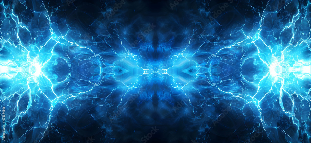 A background of blue lightning, symmetrical on both sides. The center is empty and dark, with light emanating from the edges A background of blue lightning, symmetrical on both sides. The center is empty and dark, with light emanating from the edges