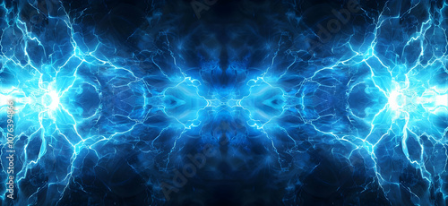 A background of blue lightning, symmetrical on both sides. The center is empty and dark, with light emanating from the edges