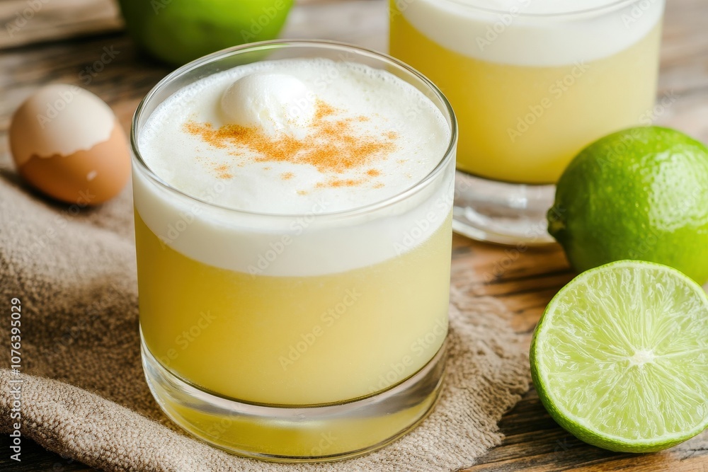 Refreshing lime cocktail with creamy froth, garnished with a sprinkle of cinnamon, served in a glass alongside fresh limes and eggs. Refreshing lime cocktail with creamy froth, garnished with a sprinkle of cinnamon, served in a glass alongside fresh limes and eggs.