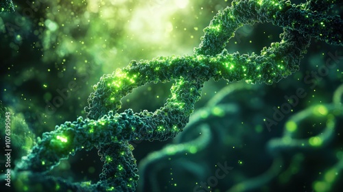 A close-up of a glowing green DNA strand with a blurry green background.