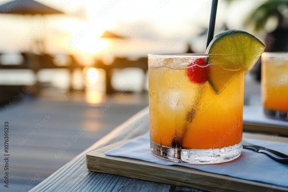 A refreshing cocktail served in a glass with a lime wedge and cherry, set against a sunset backdrop by the water. A refreshing cocktail served in a glass with a lime wedge and cherry, set against a sunset backdrop by the water.
