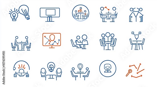 Set of 15 linear icons illustrating various meeting and seminar related themes including symbols for virtual meetings panel discussions and teamwork  The simple offer a clean modern