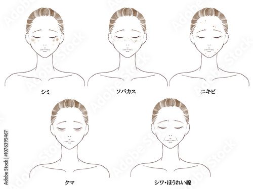 肌の悩みを抱え目を瞑り悩む女性の水彩風イラストセット