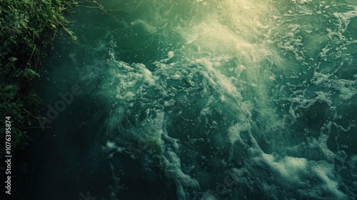 A close-up view of the foamy green water of a fast-moving river.