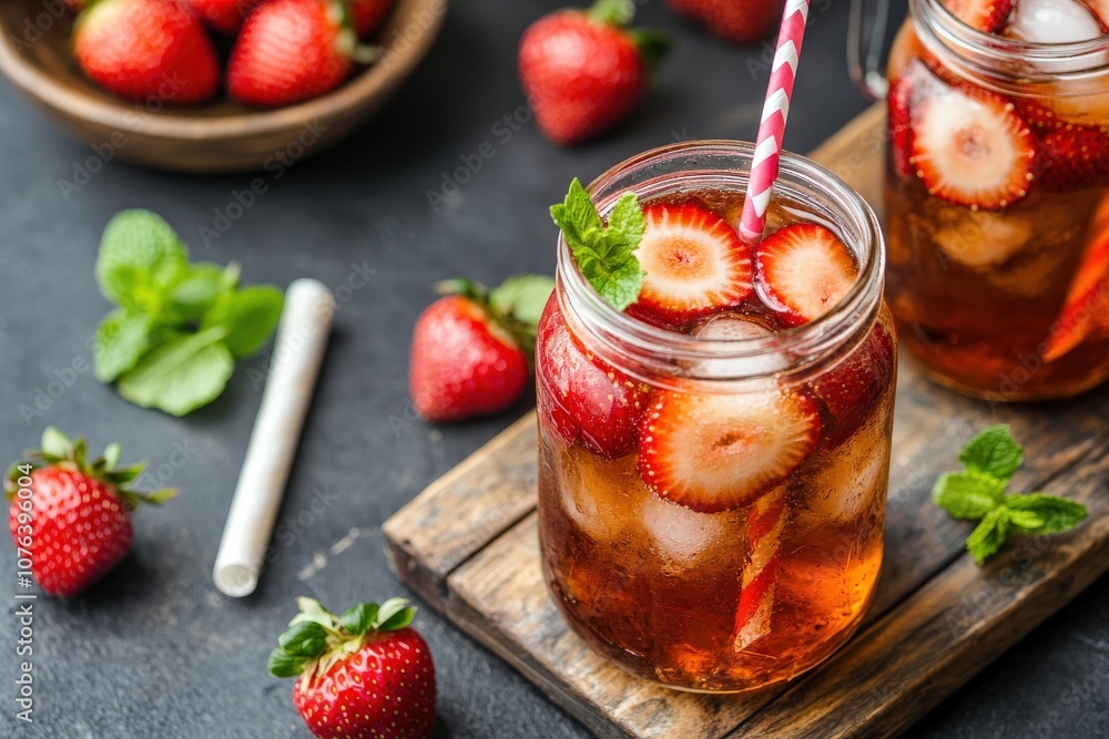 Brightly colored strawberry drinks in mason jars, garnished with mint, served on a wooden board with fresh strawberries scattered around. Brightly colored strawberry drinks in mason jars, garnished with mint, served on a wooden board with fresh strawberries scattered around.