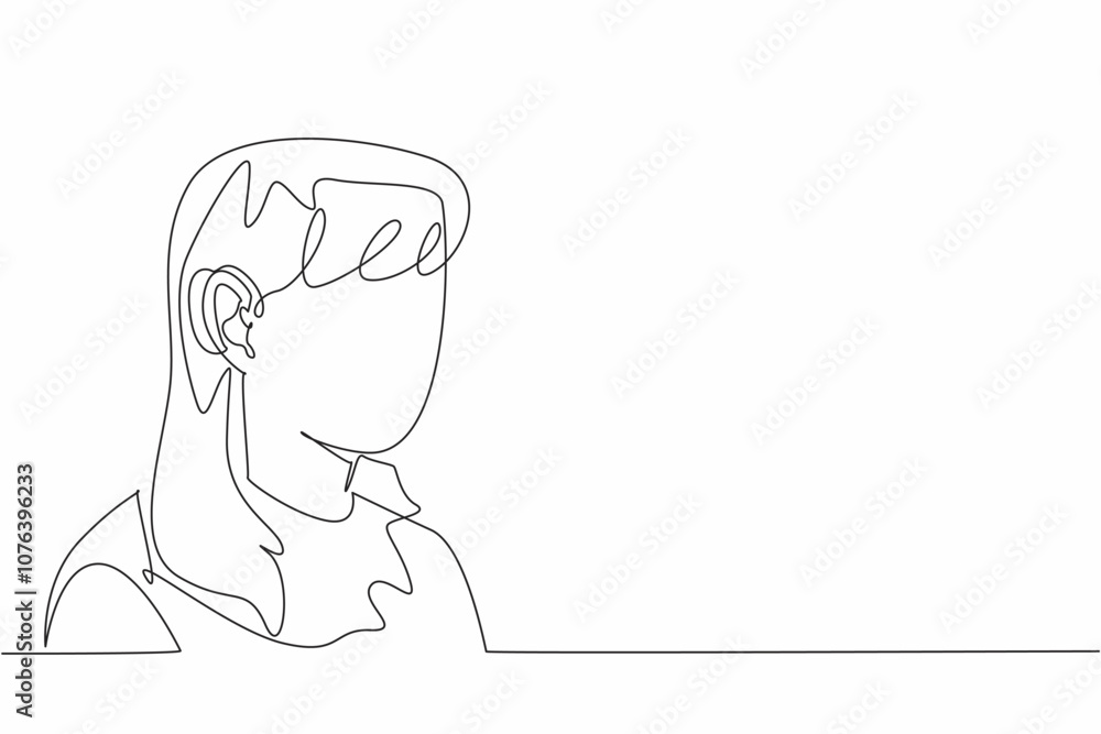 Continuous one line drawing woman using hearing aid. Bad luck. Can't hear clearly. Having to use hearing aids since young. Technology. World Hearing Day. Single line draw design vector illustration Continuous one line drawing woman using hearing aid. Bad luck. Can't hear clearly. Having to use hearing aids since young. Technology. World Hearing Day. Single line draw design vector illustration