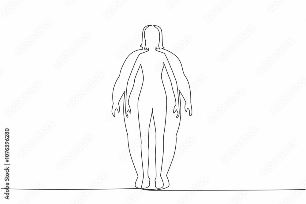 Single continuous line drawing silhouette of a slim body woman inside a fat body silhouette. Psychological impact. Struggling to have ideal body. World Obesity Day. One line design vector illustration Single continuous line drawing silhouette of a slim body woman inside a fat body silhouette. Psychological impact. Struggling to have ideal body. World Obesity Day. One line design vector illustration