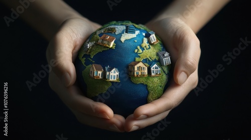 Hands encircle a globe showcasing diverse real estate properties across continents