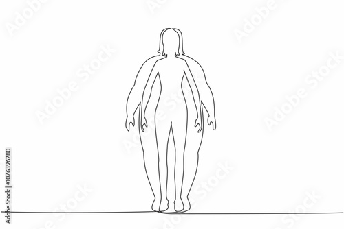 Single continuous line drawing silhouette of a slim body woman inside a fat body silhouette. Psychological impact. Struggling to have ideal body. World Obesity Day. One line design vector illustration