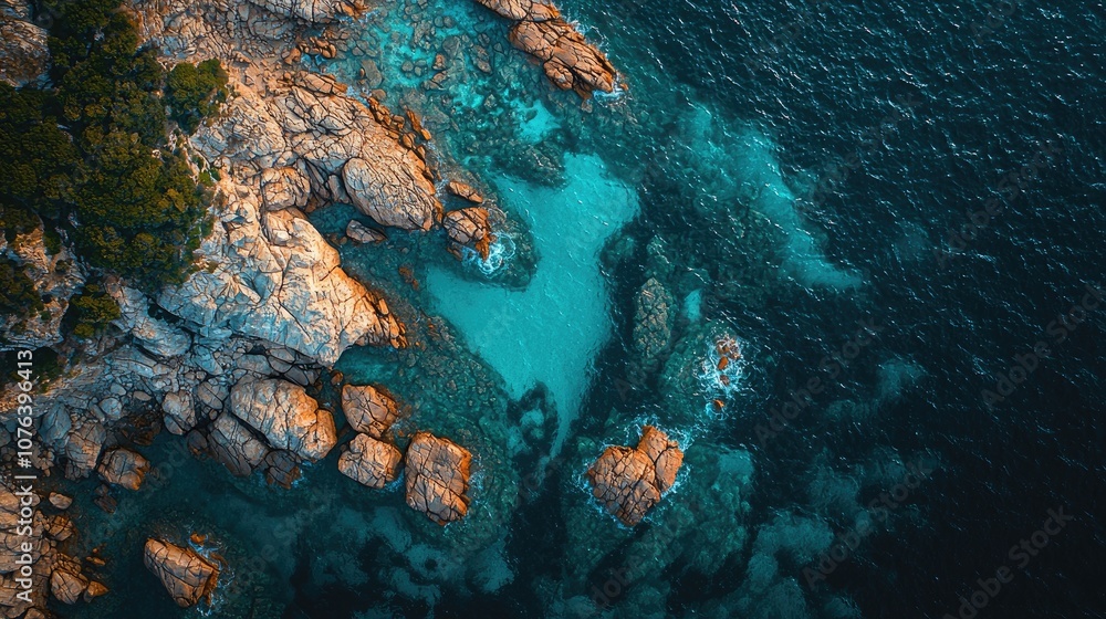 Obraz premium Aerial View of Rocky Coastline with Turquoise Waters and Lush Greenery at Sunset Capturing Natural Beauty and Tranquility